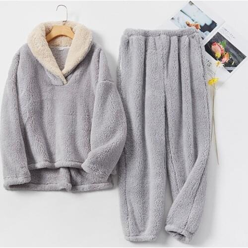 JULYS SONG Winter Pajamas Set Thickening 2 Pieces Women Solid Color Simple Casual Loose Warm Sleepwear Coral Fleece Nightwear