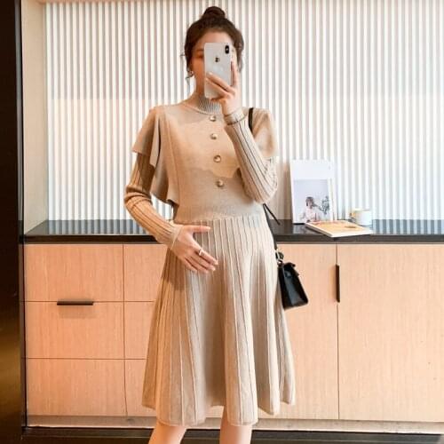 Moms Slim Maternity Sweater Dresses Cute Ruffles Solid Pregnancy Dresses comfortable Pregnant Bodycon Dress For Women Clothes