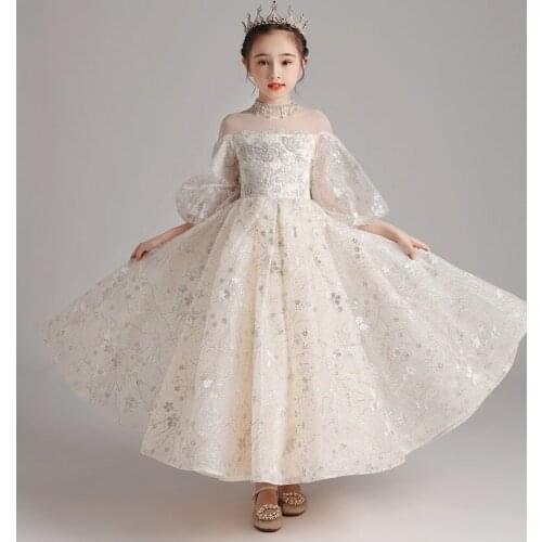 Luxury Champagne Girls Dresses Beads Kids Long Wedding Gown Birthday Party Pageant Princess First Communion Flower Girl Costume