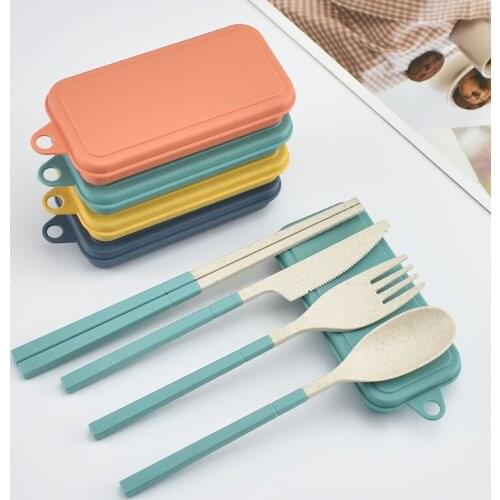 Foldable Travel Dinnerware Wheat Straw Removable Chopsticks Knife Fork Spoon Cutlery Set With Box Picnic Camping Set for Kids