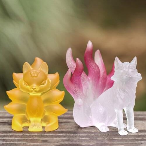 Ancient Glass Colored Glaze 9 Tails Fox Figurine Fashion Cute Lucky Animal Statue Study Home Office Crystal Sculpture Decorate