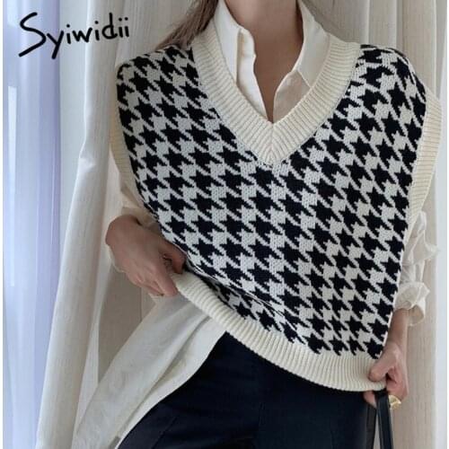Syiwidii Vintage Houndstooth Knitting Sweater Vests Women Fall Winter 2021 Fashion New V Neck Loose Korean Short Tank Tops Black