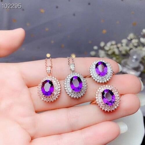 925 Sterling Silver Natural Amethyst Jewelry Sets for Women Party Necklace and Ring Fine Jewelry Real Violet Crystal Gifts S38