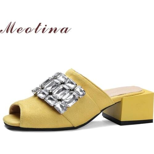 Meotina Shoes Women 2018 Summer Women Sandals Rhinestone Slides Open Toe Crystal Ladies Slippers Yellow Black Plus Size 11 12 46