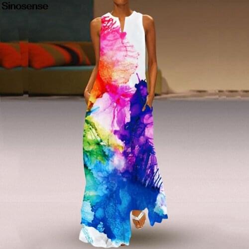 Women Tie Dye Print White Dress Casual Elegant Long Dress Summer V Neck Sleeveless Tunic Tank Girls Beach Maxi Party Dresses