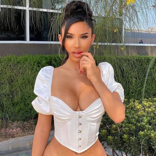 SisterLinda Fashion Sexy Short Puff Sleeves Corset Women Crop Top Skinny Autumn Winter Ladies White Tees Outfits Streetwear 2020