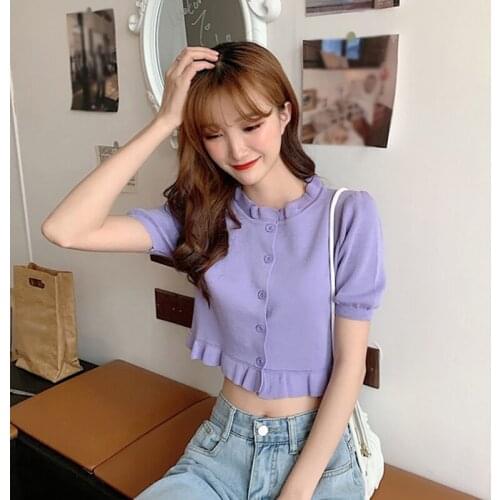 Women Puff Sleeve Knitted Cardigan T-shirt 2020 New Summer Slim Wooden Ear Border Tees Female Casual Short Sleeve Top