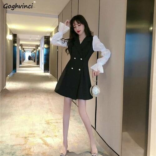 Women Long Puff Sleeve Dresses Office Lady Plus Size 3XL Patchwork Notched Sweet Elegant Fashion Streetwear Vintage Ulzzang New