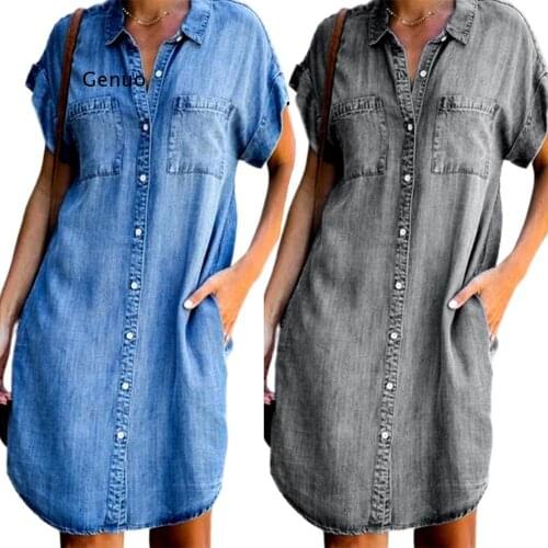 Womens Summer Fashion Solid Turn Down Neck Blue Jeans Denim Shirt Dress Short Sleeve Pockets Single-breasted Womens Jean Dress
