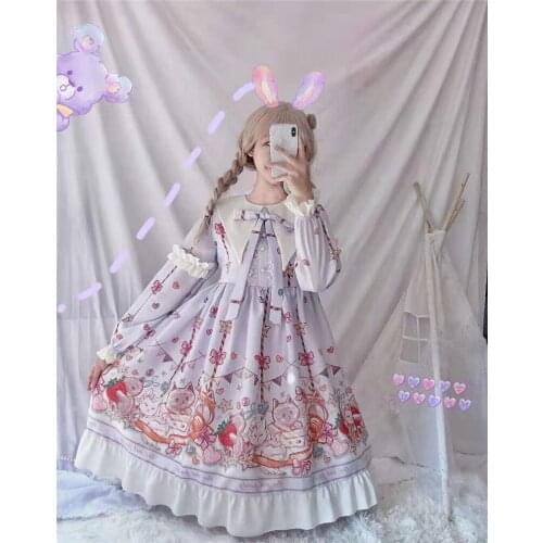Women Kawaii Lolita cosplay sweet loli cos original design Lolita cat party big hem op long sleeve dress spring and autumn