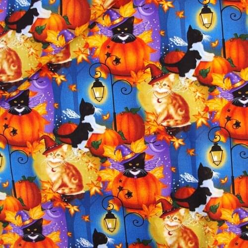 108cmx80cm Cotton Woven Fabric for textile, pathwork, cloth - Halloween pumpkin, cat and leaves