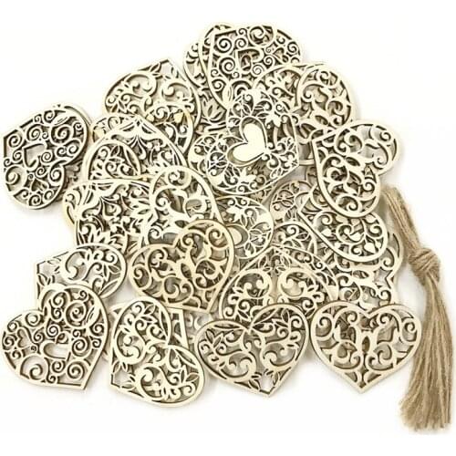 110PCS Hollow Love Heart Blank Wood Slices Discs with Rope Wedding Embellishment Laser Cut Wooden Heart Scrapbooking Supplies