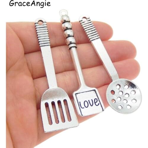 3pcs Mix Kitchen Tools Pendant Love Letter Charms Handmade Spatula Gift Earrings DIY Alloy Bracelet Keychain AccessoriesColor