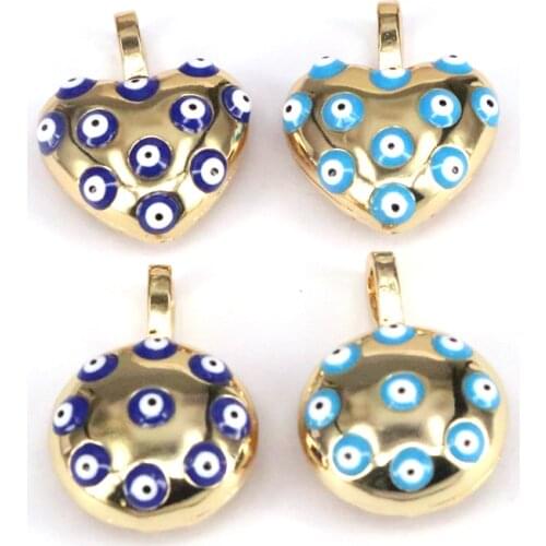 5Pcs, Enamel Colbalt Blue Evil Eye On Heart Round Shape Pendant/Charm, Gold Charm, Necklace Bracelet Charm Pendant