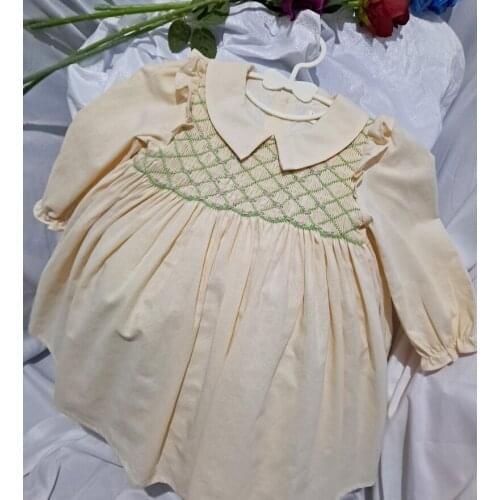 2021 Spring Baby Girls Long Sleeve Linen Cotton Dresses Children Girl Vintage Handmade Smocked Dress Vestidos For Party 1-6Y