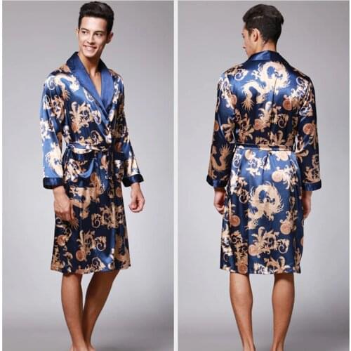 Summer Bathrobe Silk Nightgown Satin Male Sleepwear Loose Tiger Dress Silky Long Sleeve Robe and Long Pants Bathrobe Set for Men