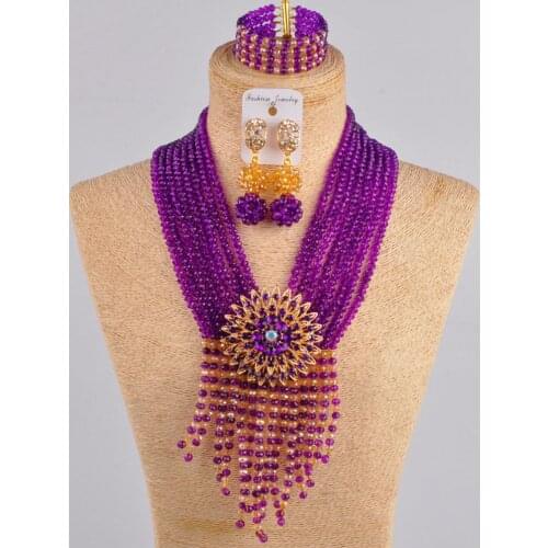 Novel purple and champagne gold ab african jewelry set crystal bead tassel necklace nigerian wedding set