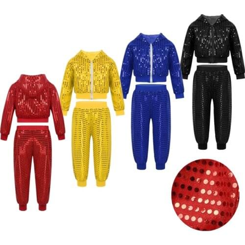 Boys Girls 2 Pieces Hip-hop Jazz Performance Costume Street Dancing Dress Shiny Sequins Long Sleeve Hooded Tops with Pants Set