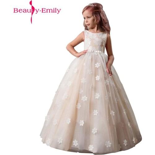 Beauty Emily Elegant O Neck Flower Girl Dresses with Bow Belt 2019 New 4 Colors Sleeveless Pageant Dresses for Girls