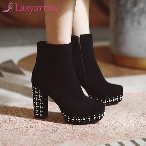 Lasyarrow Platform Ankle Boots Thick 11CM High Heel For Women Round Toe Plus Size 34-43 For Ladies Winter Black booties