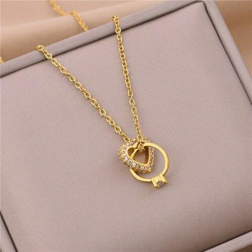 Cute Romantic Zircon Inlaid Heart Ring Cross Pendant Women Clavicle Necklace Exquisite No Fade Gold Color Ladies Wedding Jewelry