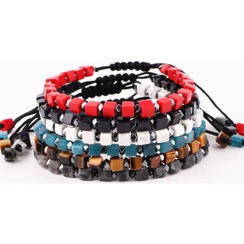 New Cute Design Cube ShapedNatural Stone Hematite Beaded Braided Macrame Jewelry Bracelet Men Women