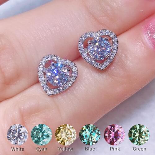 New Arrival Heart design Real Moissanite Earring Total 1ct 2ct Studs Earrings 18K Gold Plated 925 Silver For Women Wedding