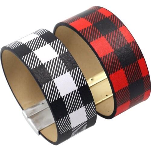 ZWPON PU Leather Buffalo Plaid Wide Cuff Bracelets Bangles for Women American Fashion Faux Leather Magnet Bracelet Jewelry B2304