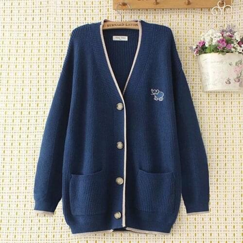 Plus size v neck embroidery big button women loose Cardigan sweater jacket 2021 new winter casual lady blue knitted coat female