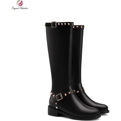 2020 Fashion Women Boots Black Round Toe Patent Knee High Boots Platform Rivet Heels Shoes Autumn Winter Female Botas De Mujer