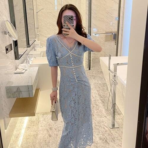 Embroidery Print Blue Elegant Boho Dress Lace 2021 A-Line V Neck Vintage Party Summer Mesh Sexy Dresses Women Short Sleeve