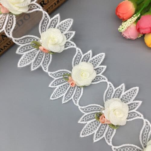 1 yard French Lace Fabric Pearl Rose Flower Lace Trim Voile Embroidered Ribbon Crochet Trimmings Wedding Dress DIY Sewing Craft