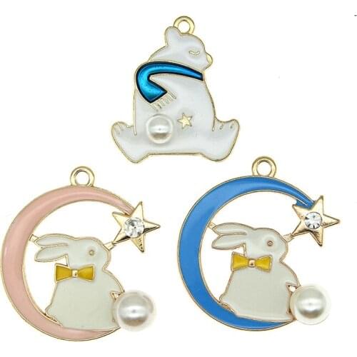 10Pcs/Set Lovely Moon Rabbit Polar Bear Cute Enamel Animal Charms Pendant For Metal Earrings Bracelet DIY Jewelry Making XL1229