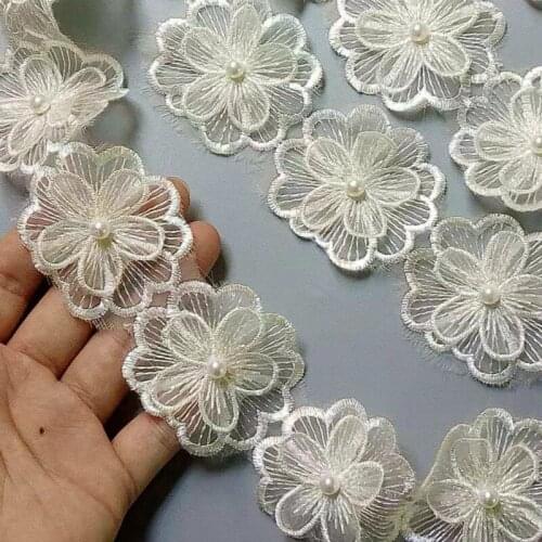 2 Yard Ivory 5CM Pearl Flower DIY Soluble Wedding Lace Trim Knitting Embroidered Handmade Patchwork Ribbon Sewing Supplies Craft