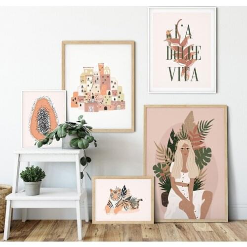 Abstract Fashion Vintage Girl Tiger Plant Nordic Posters And Prints Wall Art Canvas Painting Wall Pictures For Living Room Decor