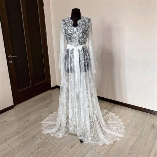 White Lace Bridal Robe with Belt V Neck Illusion Wedding Party Dressing Gown Women Bathrobes Bride Boudoir Sleepwear Nightgowns