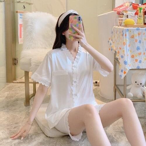 White Lace Floral Women Pajamas Set 2PCS Rayon Crystal Button Pyjamas Sleep Suit Summer New Sleepwear Nightwear Lounge Home Wear