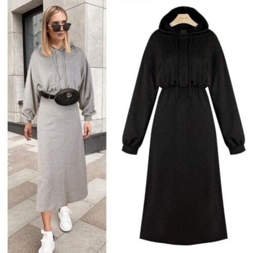 Large size 5XL New 2020 Autumn Winter Women Hoodies Dress Long Sleeve Slim Sweatshirt Dress Pullover Long Hoodie