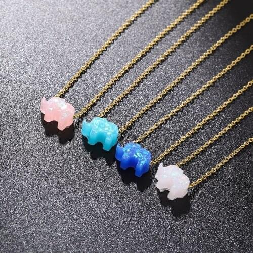 Gold Opal Elephant Pendant Necklace for Women Stainless Steel Chain Choker Animal Jewelry Party Best Gift