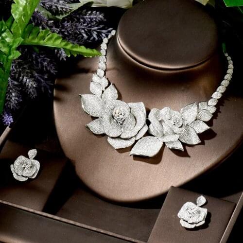 HIBRIDE 2pcs Big Flower Bridal Jewelry Sets AAA Cubic Zirconia Necklace and Earring Set Nigeria Women Wedding Party N-1766