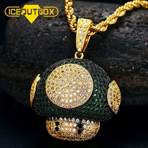 ICEOUTBOX Cute Full Zircon Mushroom Pendant Necklace Cartoon Style Green CZ Stone For Women Men Fashion Rock Punk Jewelry Gifts