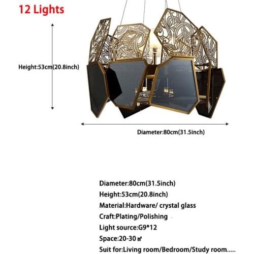 Italian Creative Design Luxury Black Glass Lampshade Hollow Carved LED Light 9/10/12 Light Pendant Light Fixture Kit Luminaire