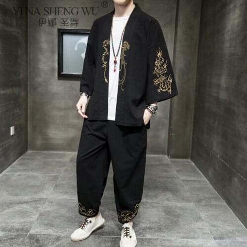New Vintage Style Embroidery Kimono Cardigan Coat Japanese Samurai Clothing Men Yukata Haori Summer Plus Size Casual Beach Suit