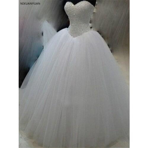 Sweetheart Ball Gown Wedding Dresses White Ivory Tulle Crystal Wedding Dress Lace Up Back Cheap Bride Dress