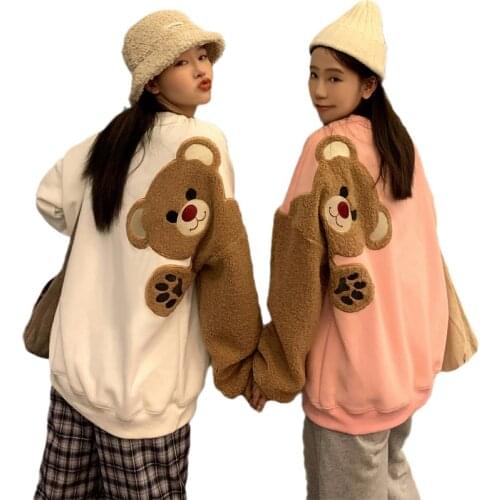 Harajuku Kawaii Hoodies Women Bear Embroidery Fleece Drop-Shoulder Sleeves Sweatshirts Bestie Friends Matching Pullover Tops