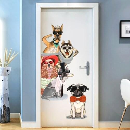Cute Dogs Door Stickers Cartoon Animals Wall Decal Kids Room Home Decor Kindergarten Vinyl Covering Posters