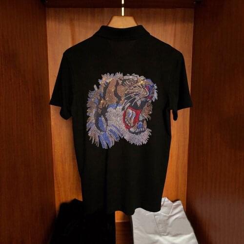 Stage Fashion Rock Casual Summer Polo Shirt Dress Animal Tiger Hot Drilling New Mens Short Sleeve