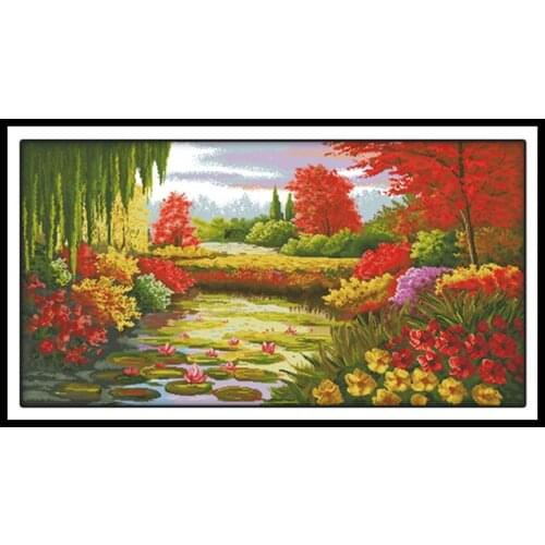 Autumn Scene In Lotus Pond Joy Sunday Cross Stitch Kits 14CT 11CT Counted Printed on Canvas Cross Embroidery Kit DIY Needlework