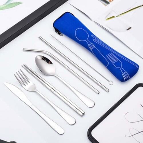 7pcs Set Dinnerware Portable Printed Stainless Steel Spoon Fork Steak Knife Set Travel Cutlery Tableware with Bag