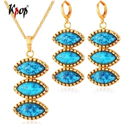 Kpop Crystal Jewelry Set Boho Jewelry Blue Stone Necklaces Drop Earrings For Women 1118